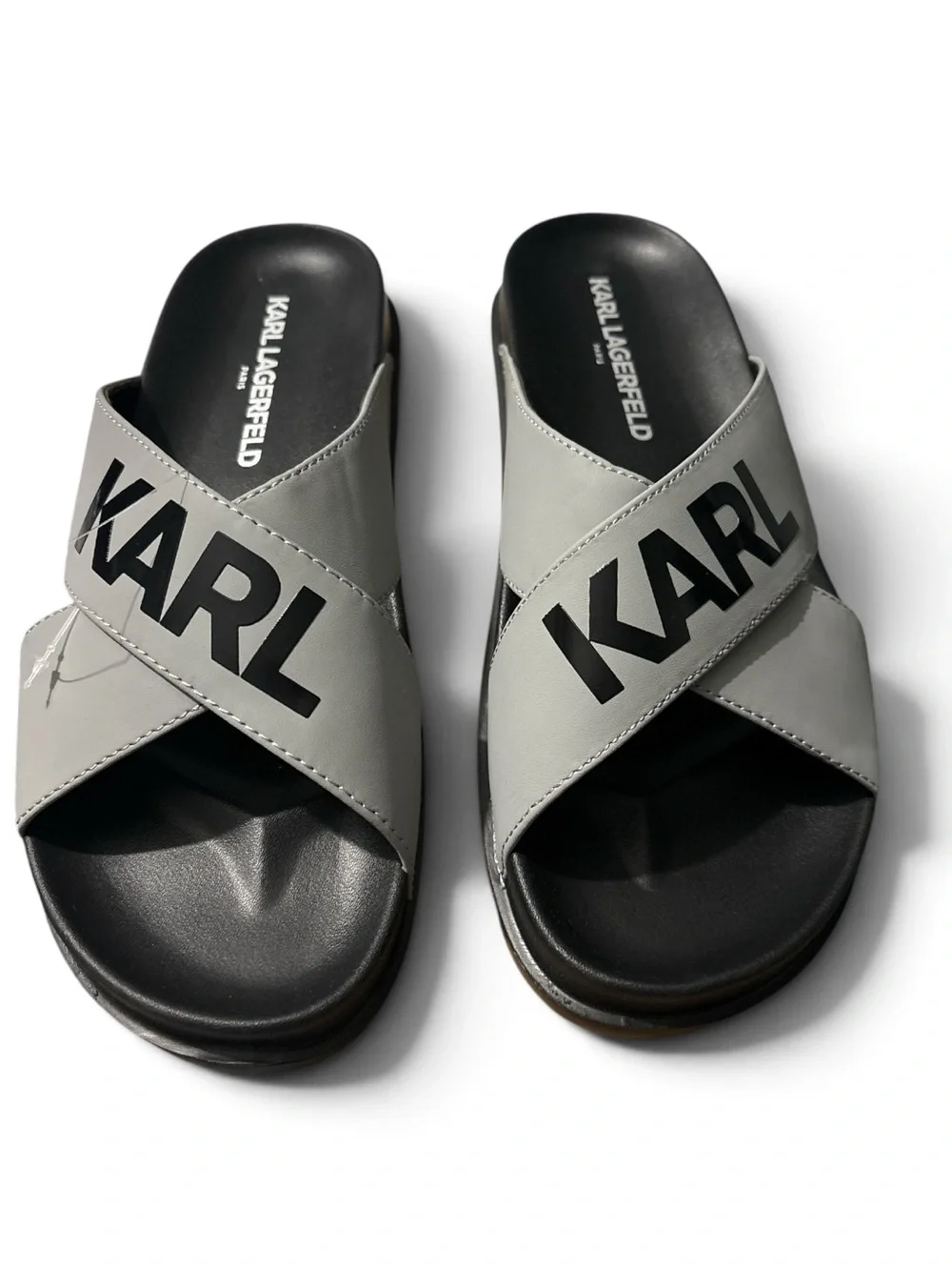 Karl Lagerfeld Men’s Grey Cross-Strap Slide Sandals with KARL Logo